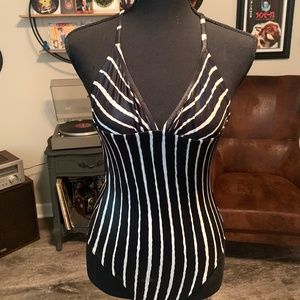 Black and White Striped One-Piece Bathing Suit